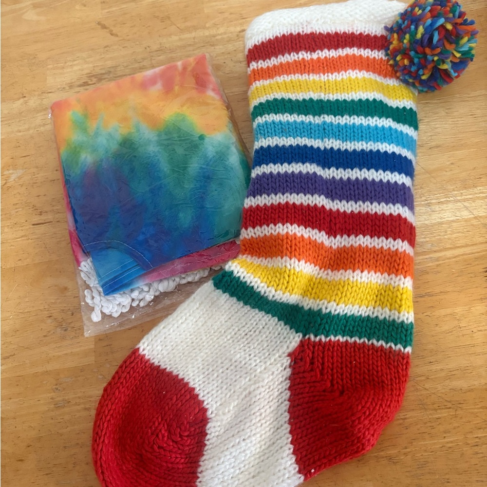 Colorful Striped Kids Stocking and Tye Dye Tree Skirt